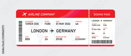 Red and white airline boarding pass for london to germany flight, economy flight ticket boarding pass template