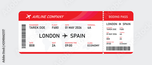 Red and white airline boarding pass for london to spain flight ticket red and white color scheme