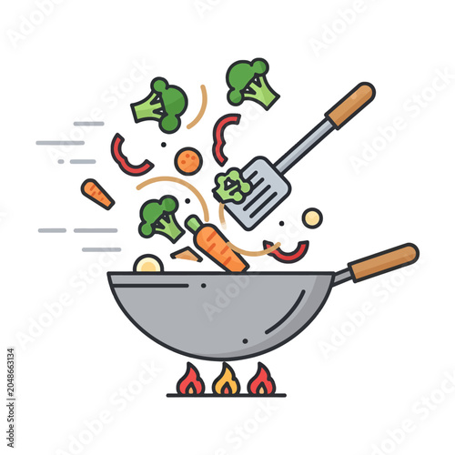 A colorful illustration of fresh vegetables being tossed in a metal cooking pan