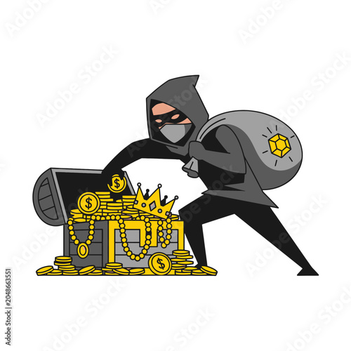 Fotografija A masked thief steals gold coins and jewels from an open treasure chest