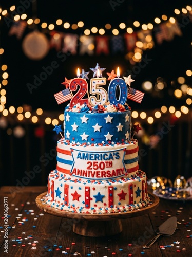 Three Tier Americas 250th Anniversary Patriotic Cake with Glitter 250 Candles and American Flags on Wooden Board, Semiquincentennial Birthday Cake with Confetti and String Lights Background