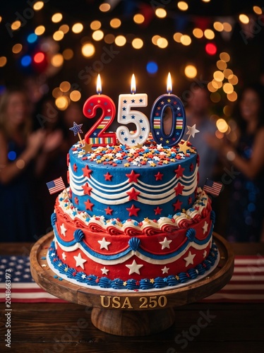 Three Tier USA 250 Patriotic Birthday Cake with Number 250 Candles Red White Blue Stars and American Flags on Wooden Stand, America Semiquincentennial Anniversary Celebration Dark Background