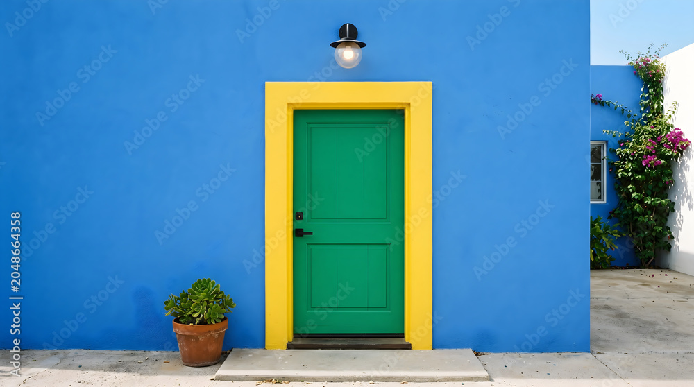 Fototapeta premium Door painted in vibrant green sits centered within a striking yellow frame against a solid blue wall of a Mediterranean house exterior, featuring a terracotta potted plant and an outdoor lamp above.