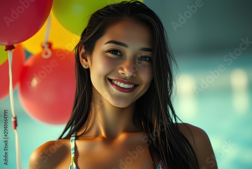 Smiling young Asian woman with wet dark hair in tropical bikini top by colorful balloons and turquoise pool, close-up portrait of cheerful beautiful female at summer resort party, bright festive