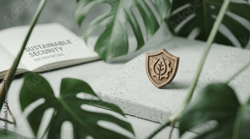 ESG Reporting Wooden Shield Icon on Concrete with Monstera Leaves for Corporate Sustainability and Environmental Governance