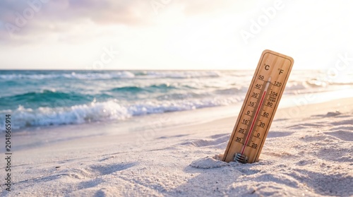 Wooden Outdoor Thermometer in Beach Sand Showing High Temperature with Ocean Background for Climate Change and Heatwave News