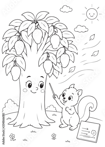 Εκτύπωση καμβά Coloring book squirrel with an alert expression studies the mango tree in the wind and learns about leaves in a breezy garden
