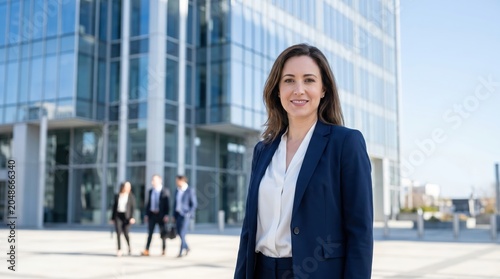 Professional female corporate executive smiling in front of glass office building with blurred colleagues for career recruitment