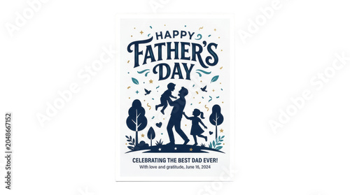 A Father's Day card design with playful silhouettes of dad and kids, confetti, and trees, joyfully celebrating the best dad ever with love, gratitude, and cheer

