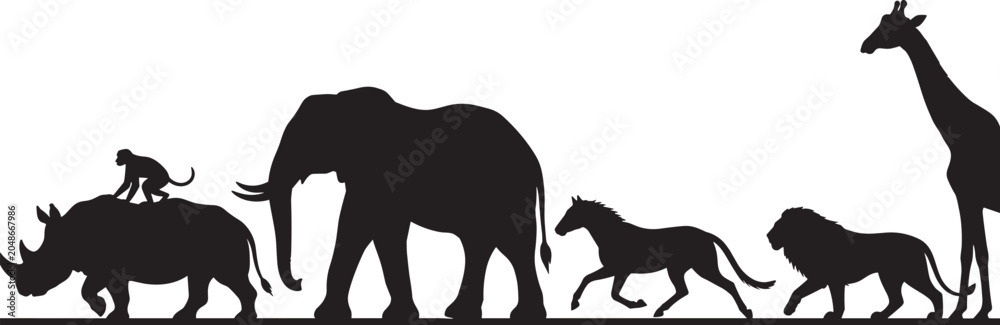 Fototapeta premium Wild Animal Silhouettes Featuring Elephant Rhinoceros Lion Giraffe Horse and Monkey in African Safari Scene