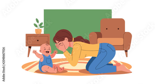 Obraz na płótnie Flat style vector illustration of a mother playing peekaboo with her baby during
