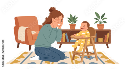 Foto Flat style vector illustration of a mother playing peekaboo with her baby during