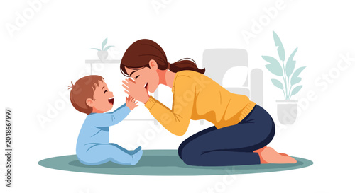 Foto Flat style vector illustration of a mother playing peekaboo with her baby during
