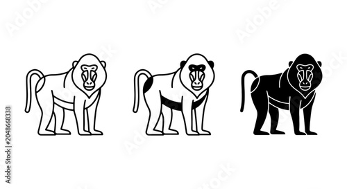 Photography Baboon Icon Set: Outline, Silhouette, and Filled Vector Graphics for Wildlife an