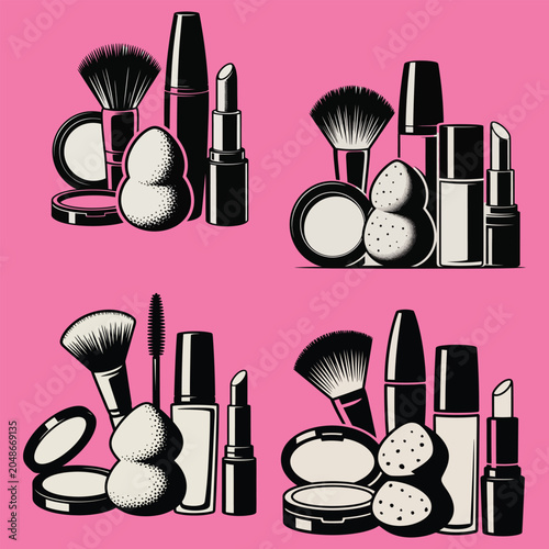 Premium Cosmetic Product Arrangement with Beauty Brushes Foundation Lipstick and Makeup Sponge Vector Graphic