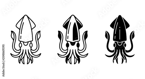 Bild auf Leinwand Minimalist Squid Icons Set, Marine Life Vector Graphics, Ocean Cephalopod Illust