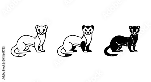 Schilderij op canvas Ferret Vector Icons Set, Simple Outline and Silhouette Illustrations, Cute Anima