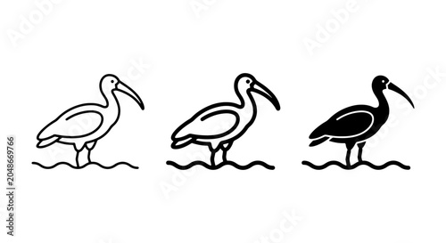 Tableau sur toile Ibis Bird Icon Set: Minimalist Line Art, Outline, and Silhouette Styles for Wild