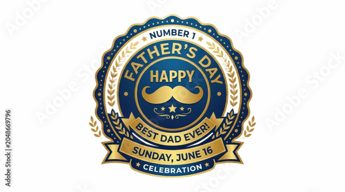 A Father's Day badge of honor in royal blue and gold, celebrating the number one best dad ever with vintage mustache, bold lettering, and festive ribbon accents

