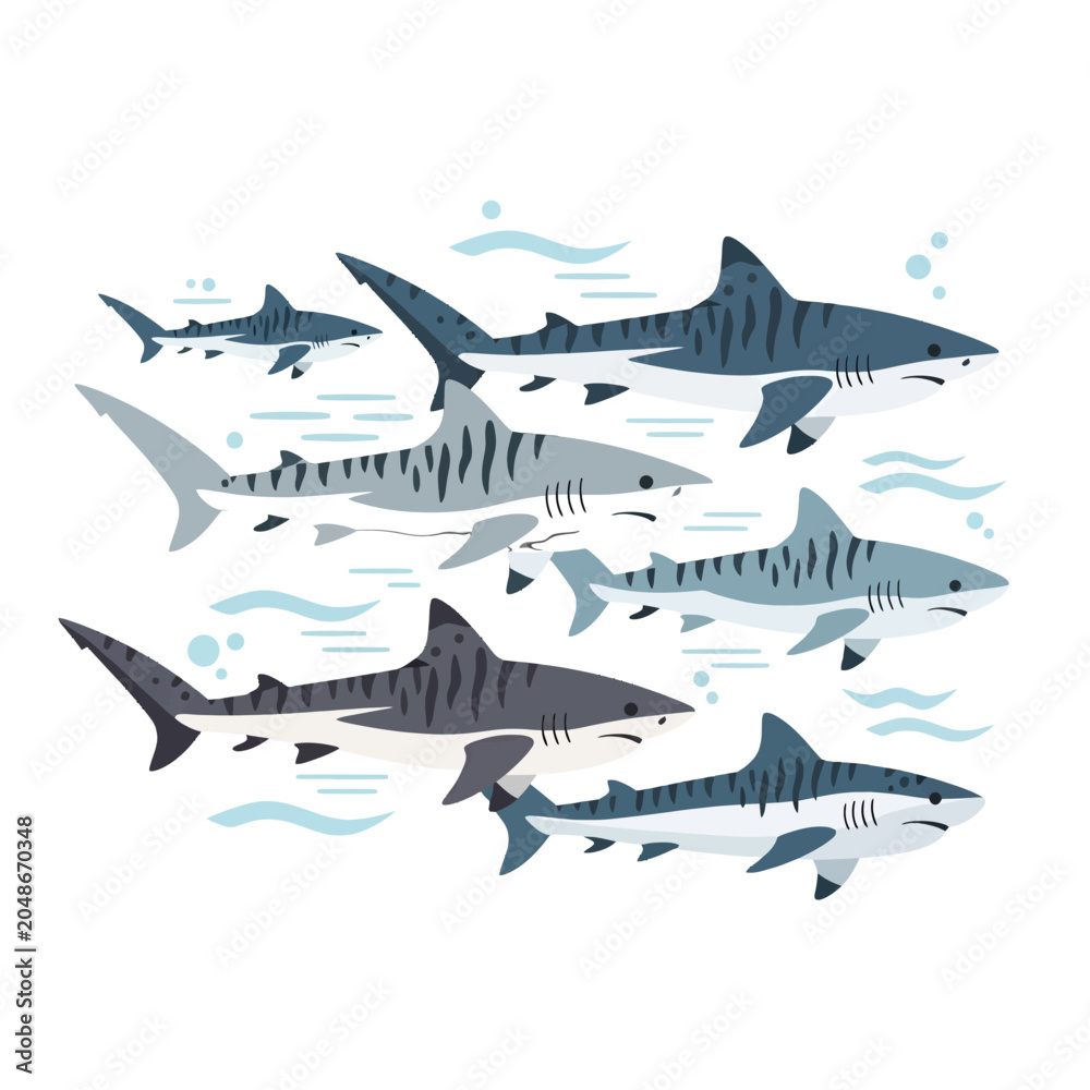 Fototapeta premium A collection of striped predatory fish swimming in the deep blue ocean water