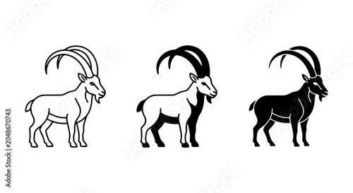 Fotografie Alpine Ibex Vector Icons Set, Mountain Goat Silhouette Graphics, Wild Animal Lin