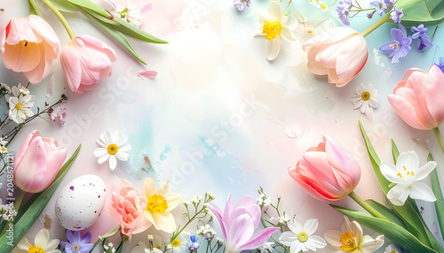 Soft pastel spring flowers frame, delicate tulips, daffodils, hyacinths, easter egg, fresh floral arrangement, gentle watercolor background, springtime celebration, greeting card background