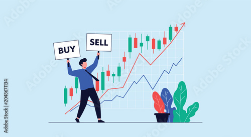 Professional stock broker holding buy and sell signs against a rising market data chart to guide investments.