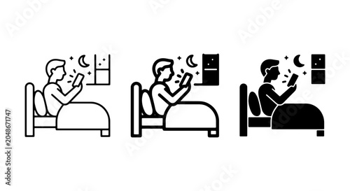 Photos Person in Bed Using Smartphone at Night, Sleep Disturbance Icons, Digital Addict