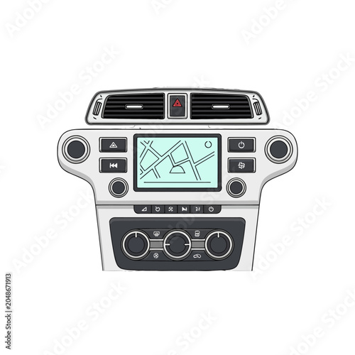 A digital illustration of a modern vehicle dashboard console interface