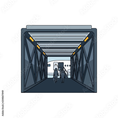 Passengers walking through an airport boarding bridge to a parked airplane