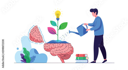 Man watering a plant with lightbulb growing from an open human brain, representing nurturing ideas, mental growth, and education development.