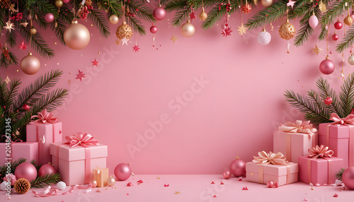 Christmas tree with gift boxes and festive holiday decorations on Christmas background