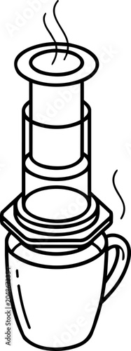Minimalist continuous line art of a manual coffee maker and mug, hollow vector