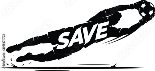 Εκτύπωση καμβά Soccer goalkeeper silhouette jumping to make a spectacular save, football goalie catching ball dynamic vector illustration
