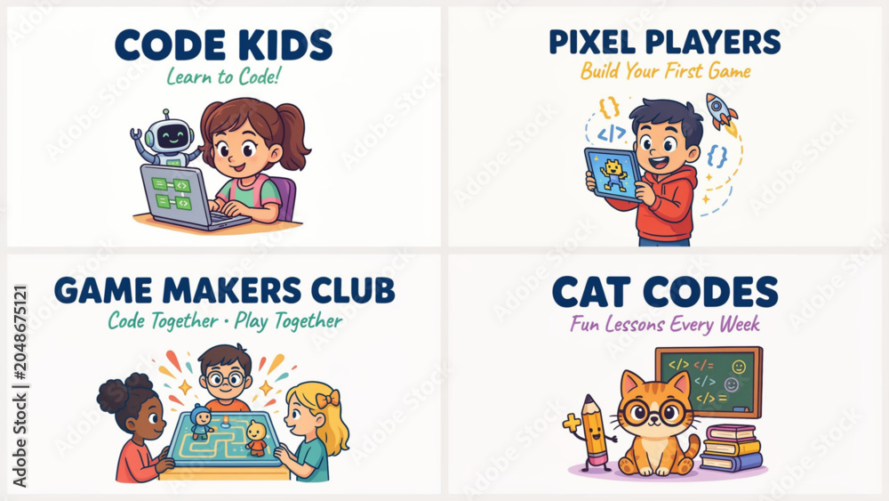 Fototapeta premium Children’s Programming and STEM Vector Set – Coding Skills and Technology Icons