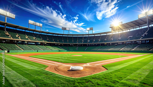 sunlit baseball stadium green grass field, diamond shape, white bases, stadium seating, blue sky with clouds, bright sunny day, sports arena