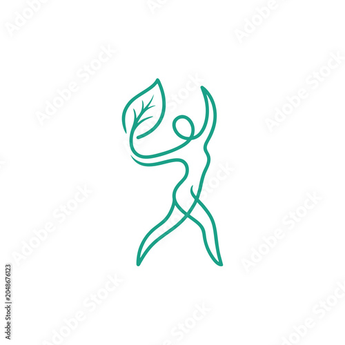 Abstract human figure gracefully holding a vibrant green leaf symbolizing natural health and organic well being in a fluid continuous line art style representing a healthy lifestyle and nature