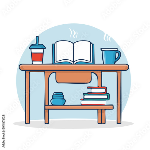 Desk with open book, cup, and drink, flat design illustration