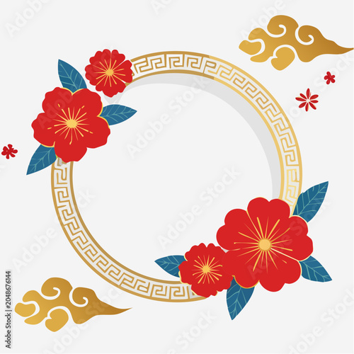 Chinese New Year Frame with Red Flowers and Golden Clouds