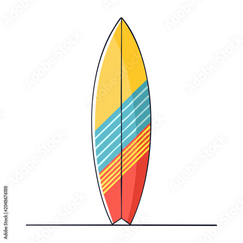 Colorful surfboard with striped pattern on white background