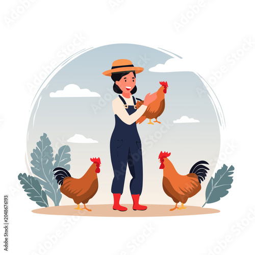Farmer holding chicken with roosters in rural setting