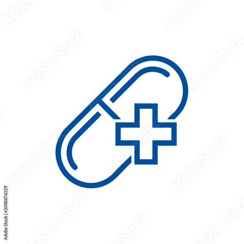 Abstract medical symbol featuring a pharmaceutical capsule outline combined with a plus sign representing healthcare services medicine and pharmacy accessibility for wellness and treatment
