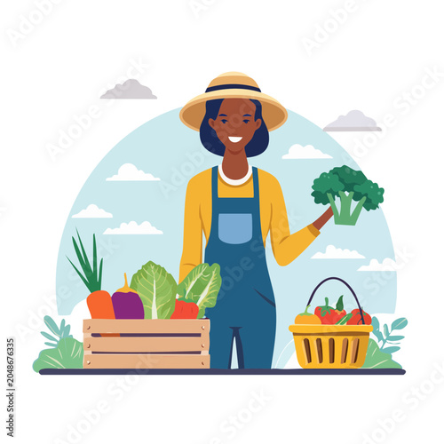 Happy farmer holding fresh broccoli with vegetables in crate and