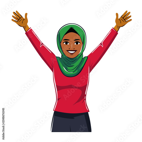 Happy woman in hijab with arms raised