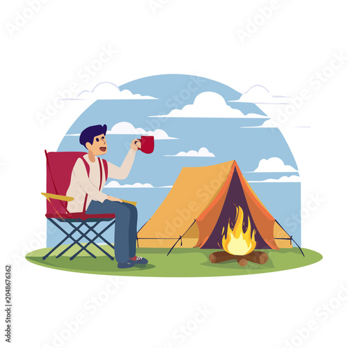 Man enjoying coffee by campfire at campsite