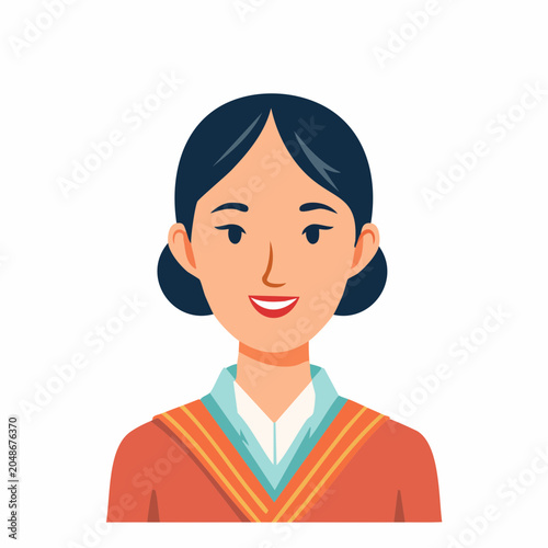 Illustration of a smiling woman with dark hair in a bun