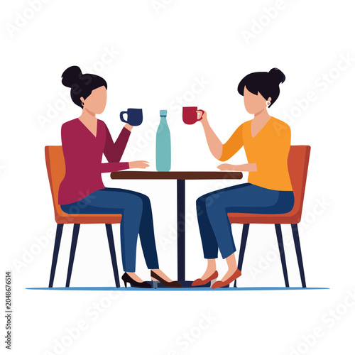 Two women sitting at a table drinking from cups
