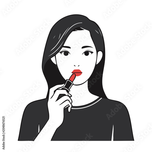 Woman applying red lipstick in flat design style