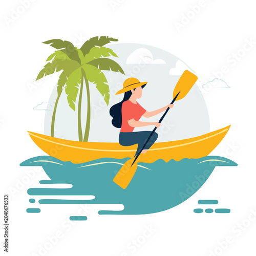 Woman kayaking in the ocean with palm trees