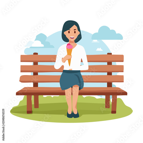 Woman sitting on park bench eating ice cream cone